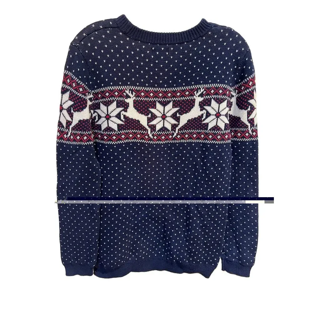 Crown & Ivy Christmas Fair Isle Reindeer Sweater Boys LARGE Navy Blue 100% Cottn